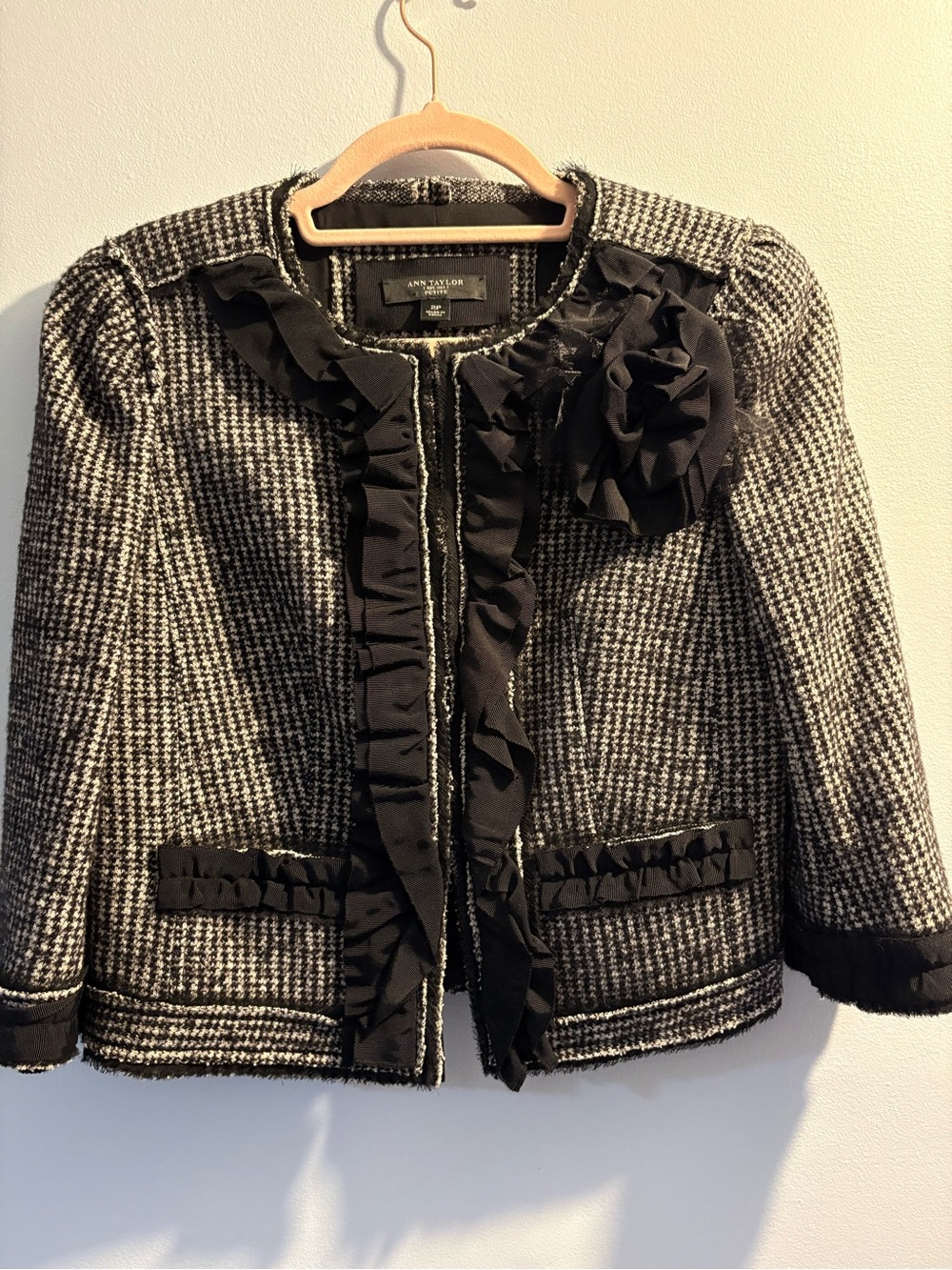 Ann Taylor Black & White Tweed Ruffle-Trim Blazer with Floral Accent